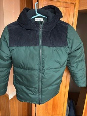 Old Navy Dark Green Puffer Jacket with Black Corduroy Yoke
